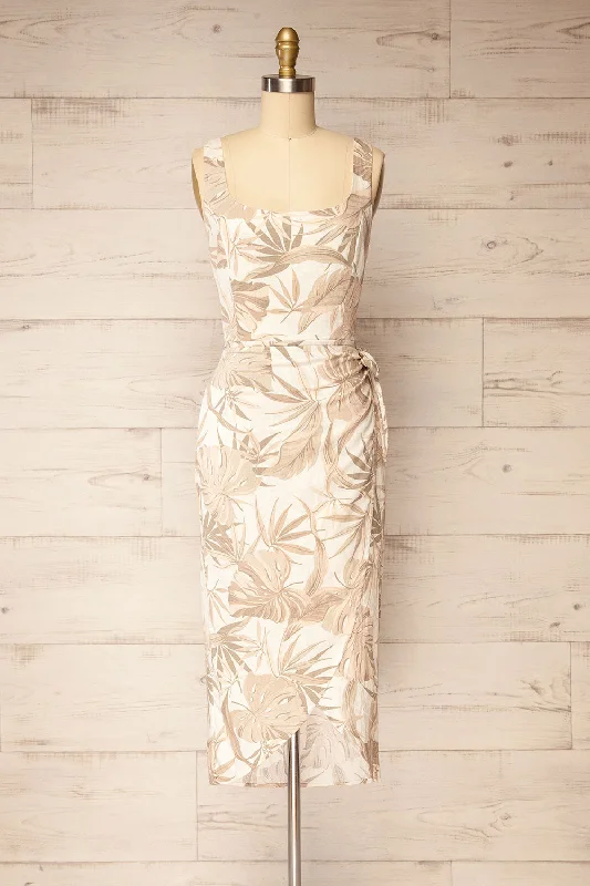 Midi dresses with pleated bodices for a classic and tailored look Ulyssine | Wrap Dress w/ Leaf Pattern Midi dresses with pleated bodices for a classic and tailored look Ulyssine | Wrap Dress w/ Leaf Pattern