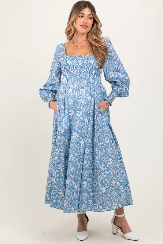 Maternity dress for a New Year's Eve celebration Light Blue Smocked Cotton Floral Maternity Maxi Dress Maternity dress for a New Year's Eve celebration Light Blue Smocked Cotton Floral Maternity Maxi Dress