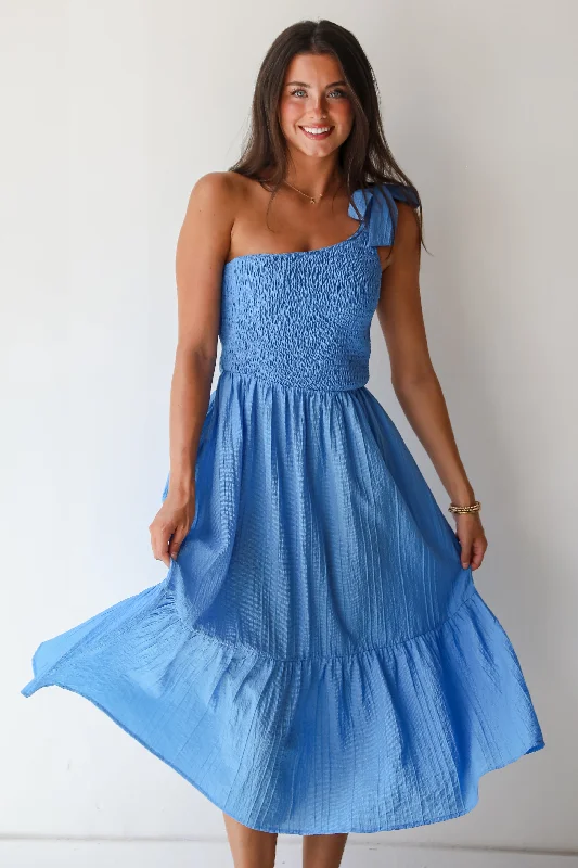 Midi dresses with empire waists for a flattering maternity option FINAL SALE - Dedicated To Glamour Blue One-Shoulder Midi Dress Midi dresses with empire waists for a flattering maternity option FINAL SALE - Dedicated To Glamour Blue One-Shoulder Midi Dress