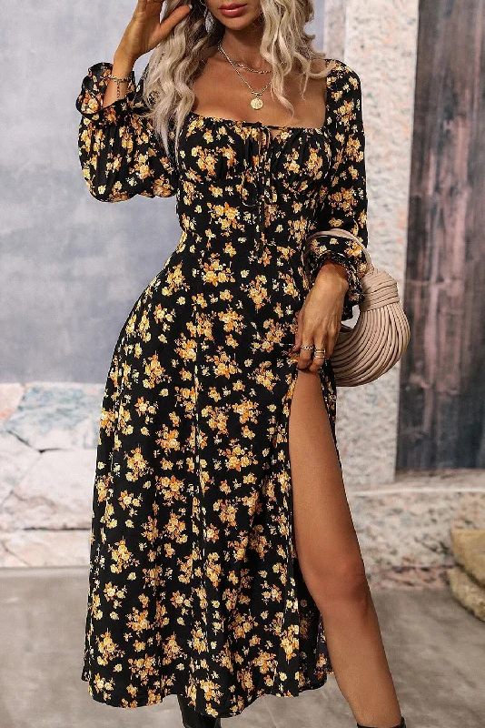 Midi dresses with wrap - around skirts for a customizable fit Floral Puff Sleeve Slit Dress Midi dresses with wrap - around skirts for a customizable fit Floral Puff Sleeve Slit Dress