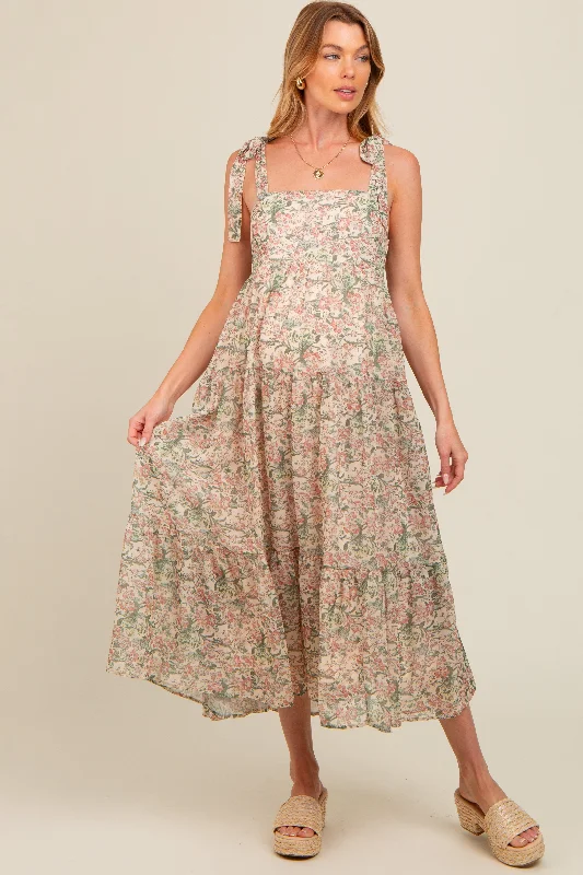 Maternity jersey dress for comfort Cream Floral Shoulder Tie Tiered Maternity Maxi Dress Maternity jersey dress for comfort Cream Floral Shoulder Tie Tiered Maternity Maxi Dress