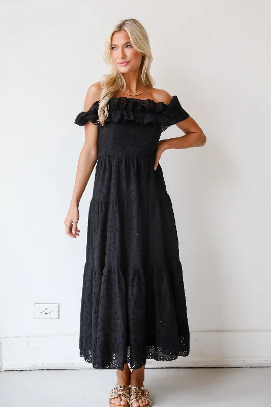 Midi dresses with mesh inserts for a trendy and breathable option FINAL SALE - Lush Loveliness Black Eyelet Tiered Midi Dress Midi dresses with mesh inserts for a trendy and breathable option FINAL SALE - Lush Loveliness Black Eyelet Tiered Midi Dress