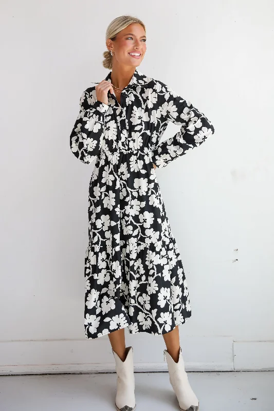 Midi dresses with V - necklines for a flattering and elongating effect FINAL SALE - Charmed Perfection Black Floral Midi Dress