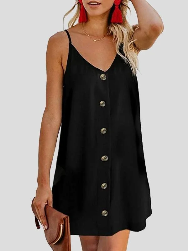 Mini dresses with spaghetti straps for a delicate look KittenAlarm - V-neck Single-breasted Sleeveless Suspender Dress Mini dresses with spaghetti straps for a delicate look KittenAlarm - V-neck Single-breasted Sleeveless Suspender Dress