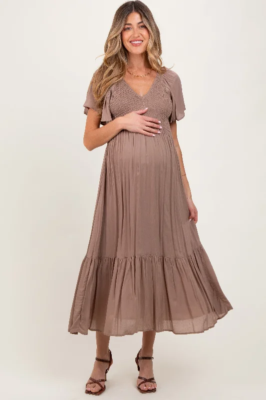 Maternity dress for a baby's first visit to the art gallery Mocha Smocked Maternity Midi Dress Maternity dress for a baby's first visit to the art gallery Mocha Smocked Maternity Midi Dress