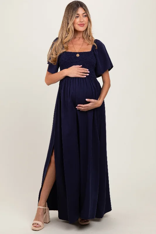Maternity dress for a family photoshoot Navy Chambray Smocked Maternity Maxi Dress