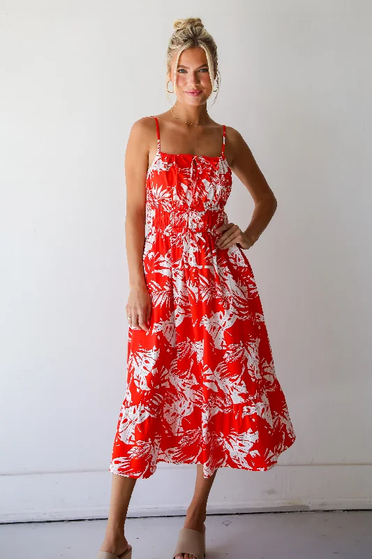 Midi dresses with wrap - around skirts for a customizable fit FINAL SALE - Perfect Paradise Orange Tropical Print Midi Dress Midi dresses with wrap - around skirts for a customizable fit FINAL SALE - Perfect Paradise Orange Tropical Print Midi Dress