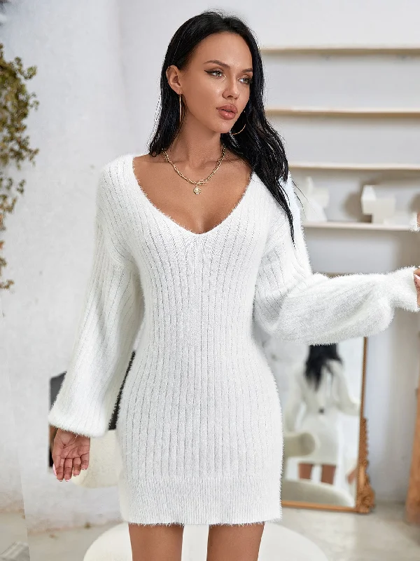 Mini dresses with tassel accents for a fun touch KittenAlarm - Fuzzy Knit V Neck Lantern Sleeve Sweater Dress Mini dresses with tassel accents for a fun touch KittenAlarm - Fuzzy Knit V Neck Lantern Sleeve Sweater Dress