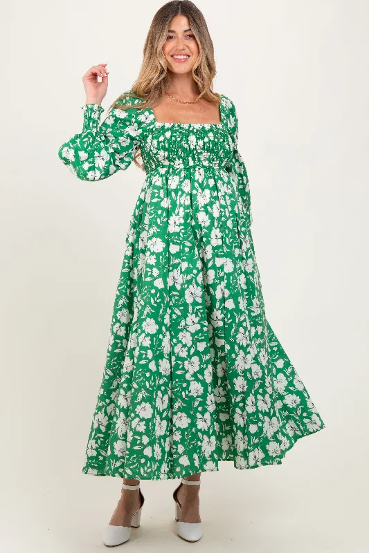 Maternity dress for a christening Green Smocked Cotton Floral Maternity Maxi Dress