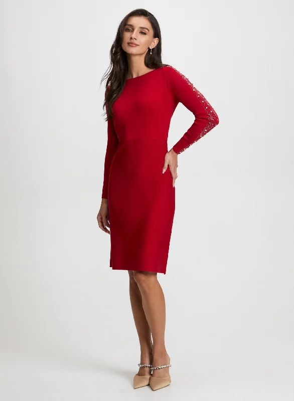 Midi dresses with ruched bodices for a feminine and fitted feel Embellished Sleeve Sweater Dress Midi dresses with ruched bodices for a feminine and fitted feel Embellished Sleeve Sweater Dress
