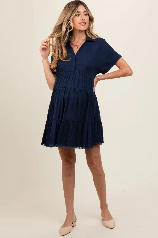 Maternity dress for a baby's first visit to the rose garden Navy Tiered Linen Maternity Dress Maternity dress for a baby's first visit to the rose garden Navy Tiered Linen Maternity Dress