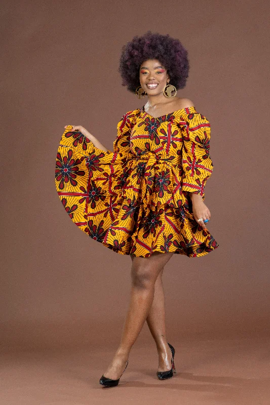 Mini dresses with cold - shoulder designs Akachi Ankara Short Flare Dress |Yellow African print Mini dresses with cold - shoulder designs Akachi Ankara Short Flare Dress |Yellow African print