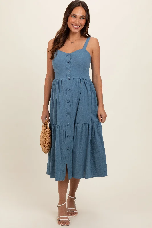 Maternity dress with side ruching to accommodate bump Blue Sweetheart Neck Button Front Tiered Maternity Midi Dress Maternity dress with side ruching to accommodate bump Blue Sweetheart Neck Button Front Tiered Maternity Midi Dress