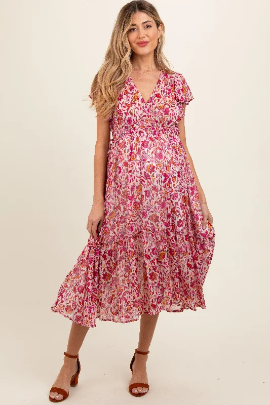 Maternity dress for a movie night out Pink Floral Chiffon Flutter Sleeve Ruffle Hem Maternity Midi Dress Maternity dress for a movie night out Pink Floral Chiffon Flutter Sleeve Ruffle Hem Maternity Midi Dress