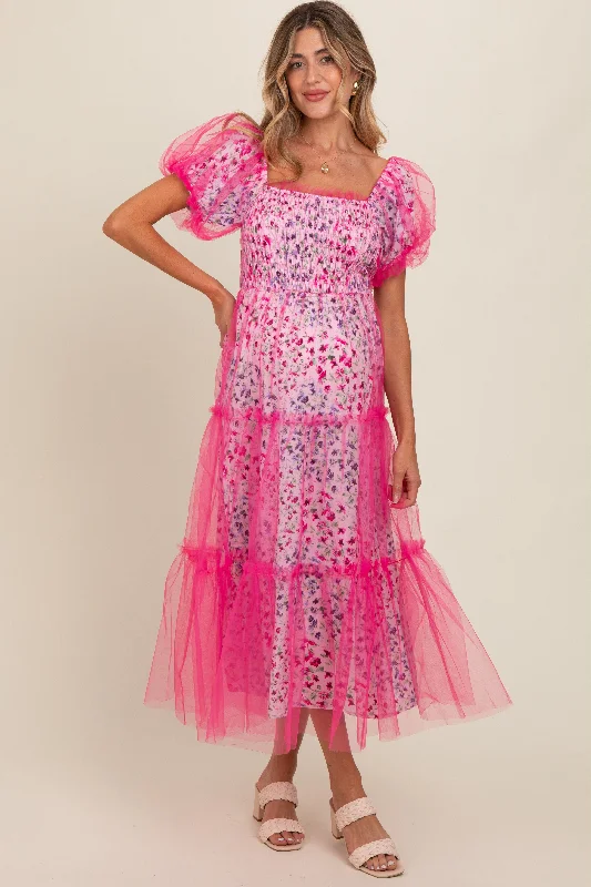 Maternity dress for a baby's first visit to the amusement park Magenta Floral Lined Smocked Tulle Maternity Midi Dress Maternity dress for a baby's first visit to the amusement park Magenta Floral Lined Smocked Tulle Maternity Midi Dress