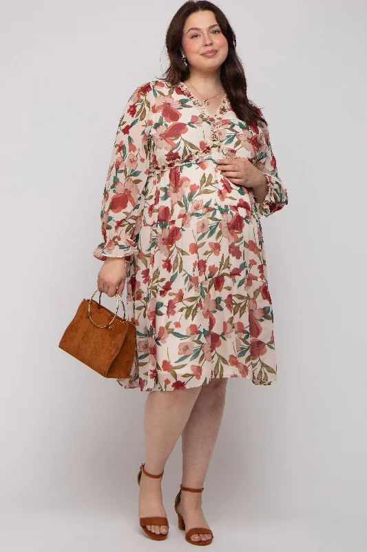 Maternity dress for a brunch with friends Ivory Floral Ruffle V-Neck Maternity Plus Dress Maternity dress for a brunch with friends Ivory Floral Ruffle V-Neck Maternity Plus Dress