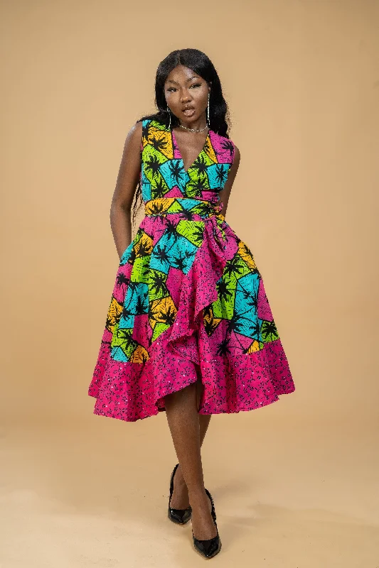 Mini dresses with pom - pom trims for a playful feel Boma Ankara Wrap Dress | Pink Multicoloured African Print Mini dresses with pom - pom trims for a playful feel Boma Ankara Wrap Dress | Pink Multicoloured African Print