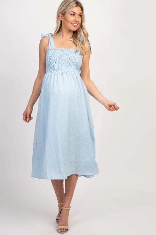Maternity dress for a bridal shower as a hostess Light Blue Strap Tie Smocked Maternity Dress Maternity dress for a bridal shower as a hostess Light Blue Strap Tie Smocked Maternity Dress