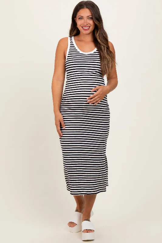 Maternity dress for a baby's first visit to the forest White Striped Ribbed Side Slit Sleeveless Maternity Midi Dress Maternity dress for a baby's first visit to the forest White Striped Ribbed Side Slit Sleeveless Maternity Midi Dress