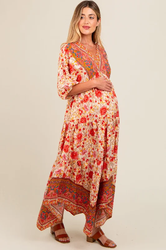 Maternity dress for a baby's first visit to the butterfly garden Cream Floral Border Print V-Neck Tiered Maternity Midi Dress Maternity dress for a baby's first visit to the butterfly garden Cream Floral Border Print V-Neck Tiered Maternity Midi Dress