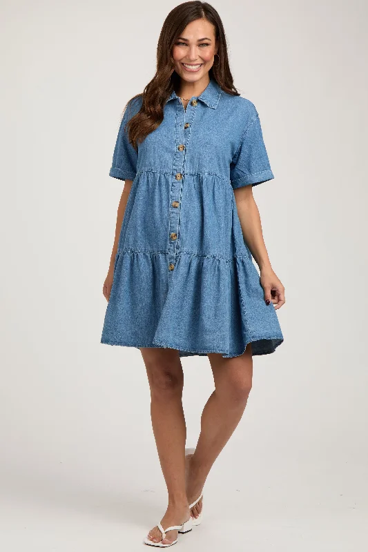 Maternity dress for a baby's first visit to the aquarium Blue Denim Button Down Tiered Maternity Dress Maternity dress for a baby's first visit to the aquarium Blue Denim Button Down Tiered Maternity Dress