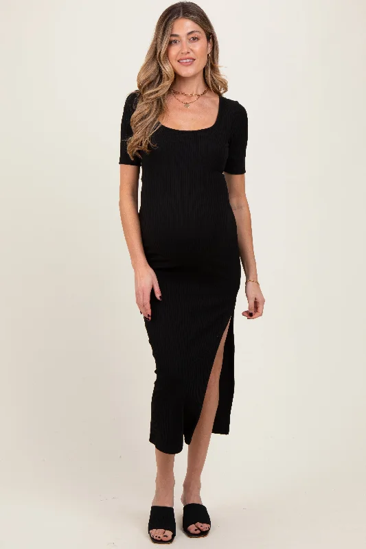 Maternity dress with pockets for convenience Black Ribbed Short Sleeve Side Slit Maternity Midi Dress Maternity dress with pockets for convenience Black Ribbed Short Sleeve Side Slit Maternity Midi Dress