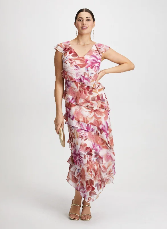 Midi dresses with pom - pom trims for a playful and festive look Ruffled Chiffon Floral Dress Midi dresses with pom - pom trims for a playful and festive look Ruffled Chiffon Floral Dress