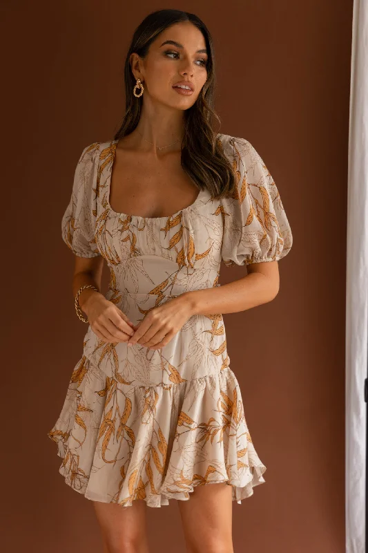 Mini dresses with keyhole necklines Petite Cherie Puff Sleeve Lace-Up Back Dress Leaf Print Beige Mini dresses with keyhole necklines Petite Cherie Puff Sleeve Lace-Up Back Dress Leaf Print Beige
