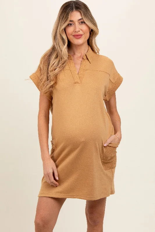 Maternity dress for a New Year's Eve celebration Mustard Terry Cuff Sleeve Pocketed Collared Maternity Dress Maternity dress for a New Year's Eve celebration Mustard Terry Cuff Sleeve Pocketed Collared Maternity Dress