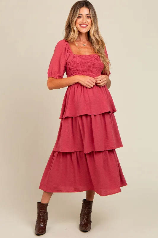 Maternity dress for a baby's first visit to the secret garden Magenta Smocked Body Ruffled Tiered Maternity Midi Dress Maternity dress for a baby's first visit to the secret garden Magenta Smocked Body Ruffled Tiered Maternity Midi Dress