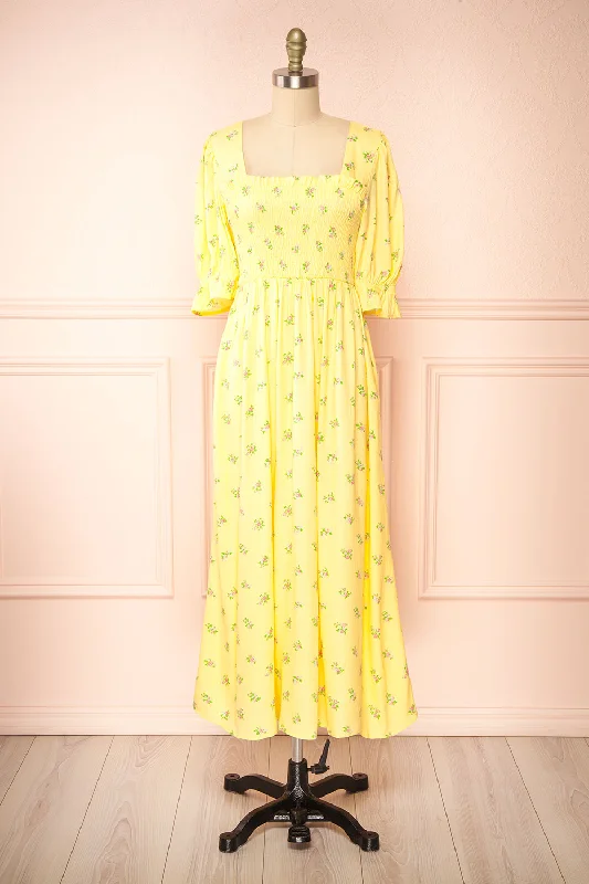 Midi dresses with fringe details for a fun and energetic style Hapi | Yellow Floral Midi Dress Midi dresses with fringe details for a fun and energetic style Hapi | Yellow Floral Midi Dress