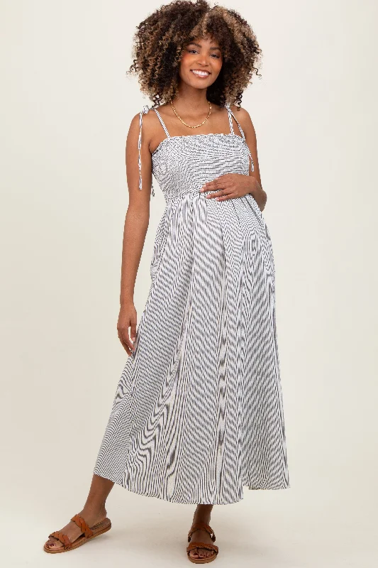 Maternity dress for a baby's first visit to the winery Ivory Striped Shoulder Tie Smocked Maternity Maxi Dress Maternity dress for a baby's first visit to the winery Ivory Striped Shoulder Tie Smocked Maternity Maxi Dress