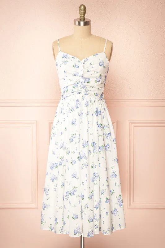 Midi dresses with denim fabric for a casual yet stylish day out Sayonelle | Short White A-line Dress w/ Blue Floral Motif Midi dresses with denim fabric for a casual yet stylish day out Sayonelle | Short White A-line Dress w/ Blue Floral Motif