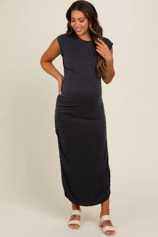Maternity dress for a baby's first visit to the pool Black Ruched Side Slit Maternity Midi Dress Maternity dress for a baby's first visit to the pool Black Ruched Side Slit Maternity Midi Dress