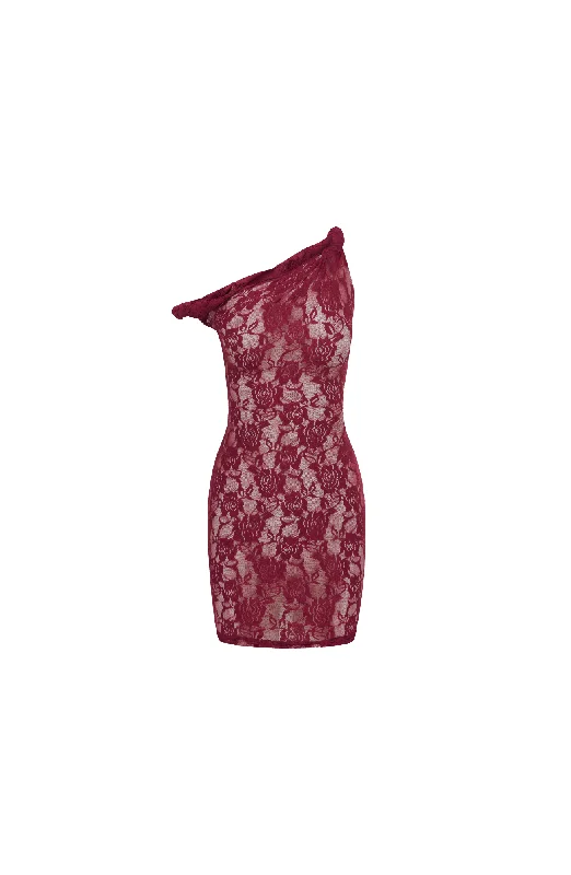 Satin mini dresses for a luxurious feel The Short Lace Poppy in Cherry