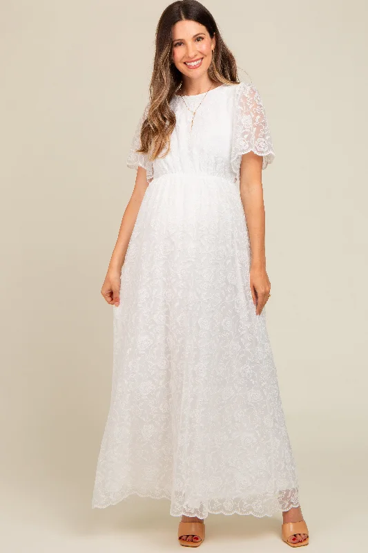 Maternity dress for a baby's first visit to the bird sanctuary White Lace Sheer Lace Back Maternity Maxi Dress