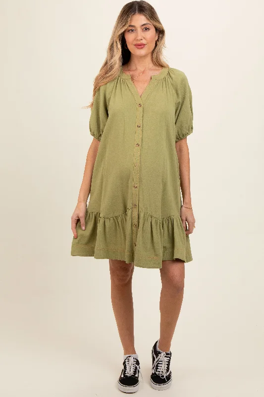Maternity dress for a baby's first visit to the science center Light Olive Button Front Short Puff Sleeve Maternity Dress Maternity dress for a baby's first visit to the science center Light Olive Button Front Short Puff Sleeve Maternity Dress