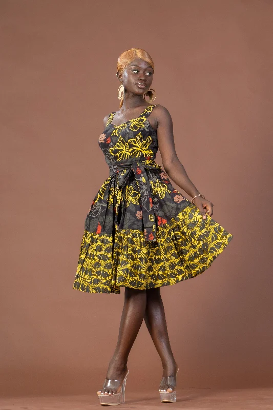 Mini dresses with mesh panels for a sexy and trendy look Bella Ankara Sleeveless Midi Dress | Yellow and Brown African Print
