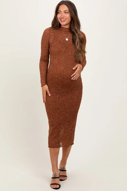 Maternity dress for maternity yoga classes Brown Lace Overlay Long Sleeve Fitted Maternity Midi Dress Maternity dress for maternity yoga classes Brown Lace Overlay Long Sleeve Fitted Maternity Midi Dress