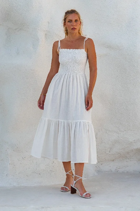 Midi dresses with satin - finish fabrics for a luxurious feel Paradiso Strappy Linen Midi Dress Midi dresses with satin - finish fabrics for a luxurious feel Paradiso Strappy Linen Midi Dress