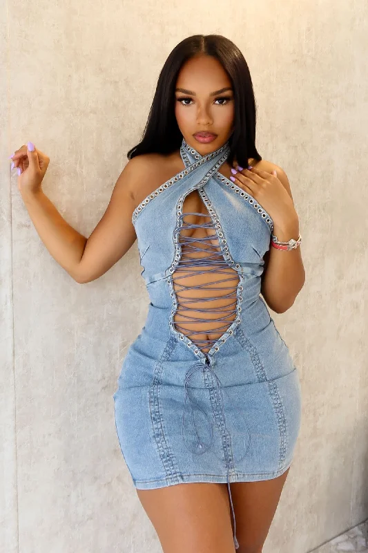 Everyday Dress with Sequined Appliques for a Sparkling Effect Monroe Cross Halter Denim Mini Dress Everyday Dress with Sequined Appliques for a Sparkling Effect Monroe Cross Halter Denim Mini Dress