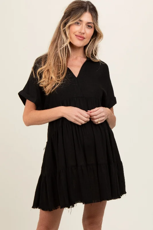 Maternity dress for a baby's baptism Black Tiered Linen Maternity Dress