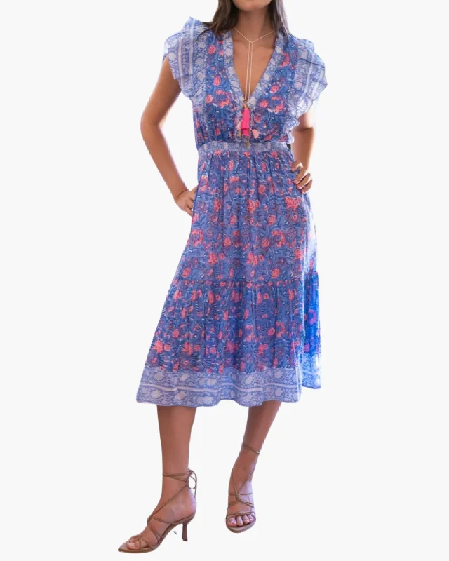Plus - size Everyday Dress with Empire Waist​ PHOEBE MIDI DRESS IN BLUE PINK PRINT