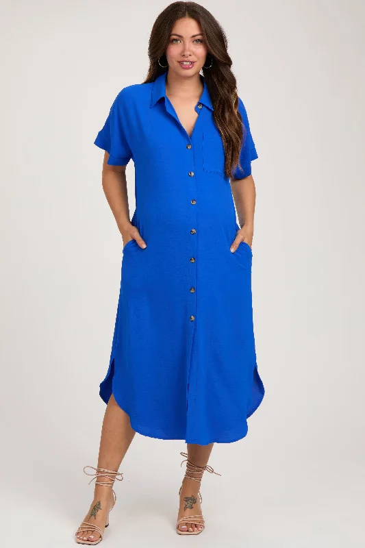 Maternity dress for a tea party Royal Blue Button Down Front Pocket Maternity Midi Dress Maternity dress for a tea party Royal Blue Button Down Front Pocket Maternity Midi Dress