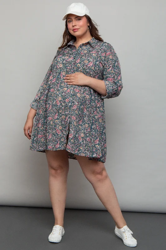 Maternity dress for a baby's first visit to the circus Teal Floral Paisley Button Up Maternity Plus Dress Maternity dress for a baby's first visit to the circus Teal Floral Paisley Button Up Maternity Plus Dress