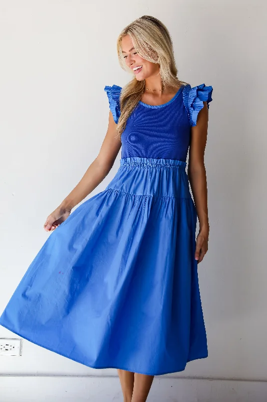 Midi dresses with bow accents for a sweet and charming look FINAL SALE - Exceedingly Dreamy Blue Contrast Ruffle Midi Dress