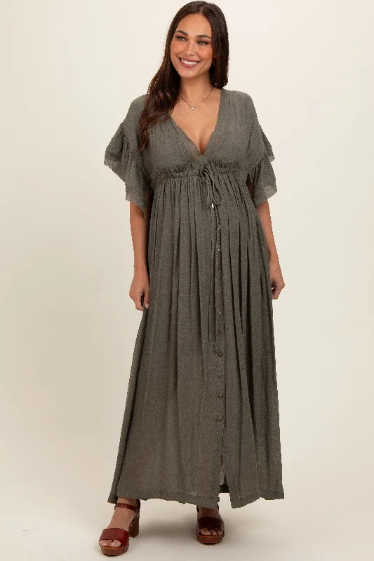 Maternity dress for a baby's first visit to the park playground Olive Deep V-Neck Button Down Maternity Maxi Dress Maternity dress for a baby's first visit to the park playground Olive Deep V-Neck Button Down Maternity Maxi Dress
