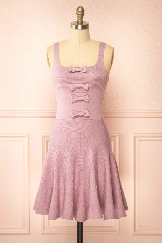 Midi dresses with pom - pom trims for a playful and festive look Delphen | Short Mauve Ribbed Dress w/ Bows Midi dresses with pom - pom trims for a playful and festive look Delphen | Short Mauve Ribbed Dress w/ Bows