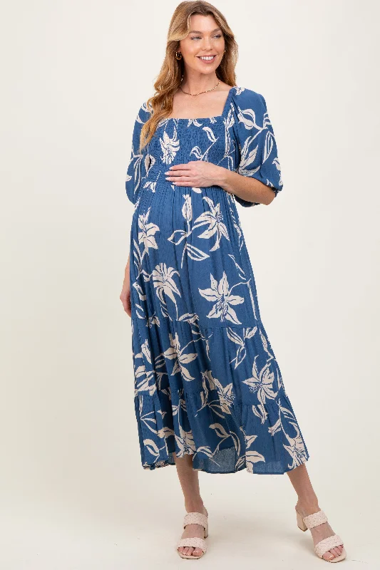 Bohemian style maternity dress for beach weddings Blue Smocked Puff Sleeve Maternity Midi Dress Bohemian style maternity dress for beach weddings Blue Smocked Puff Sleeve Maternity Midi Dress