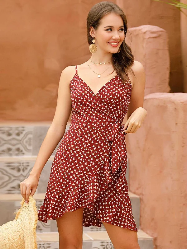 Mini dresses with abstract prints for an artistic look KittenAlarm - Ditsy Floral Print ruffled hem Knot Side Wrap A-line Cami Dress Polka Mini dresses with abstract prints for an artistic look KittenAlarm - Ditsy Floral Print ruffled hem Knot Side Wrap A-line Cami Dress Polka
